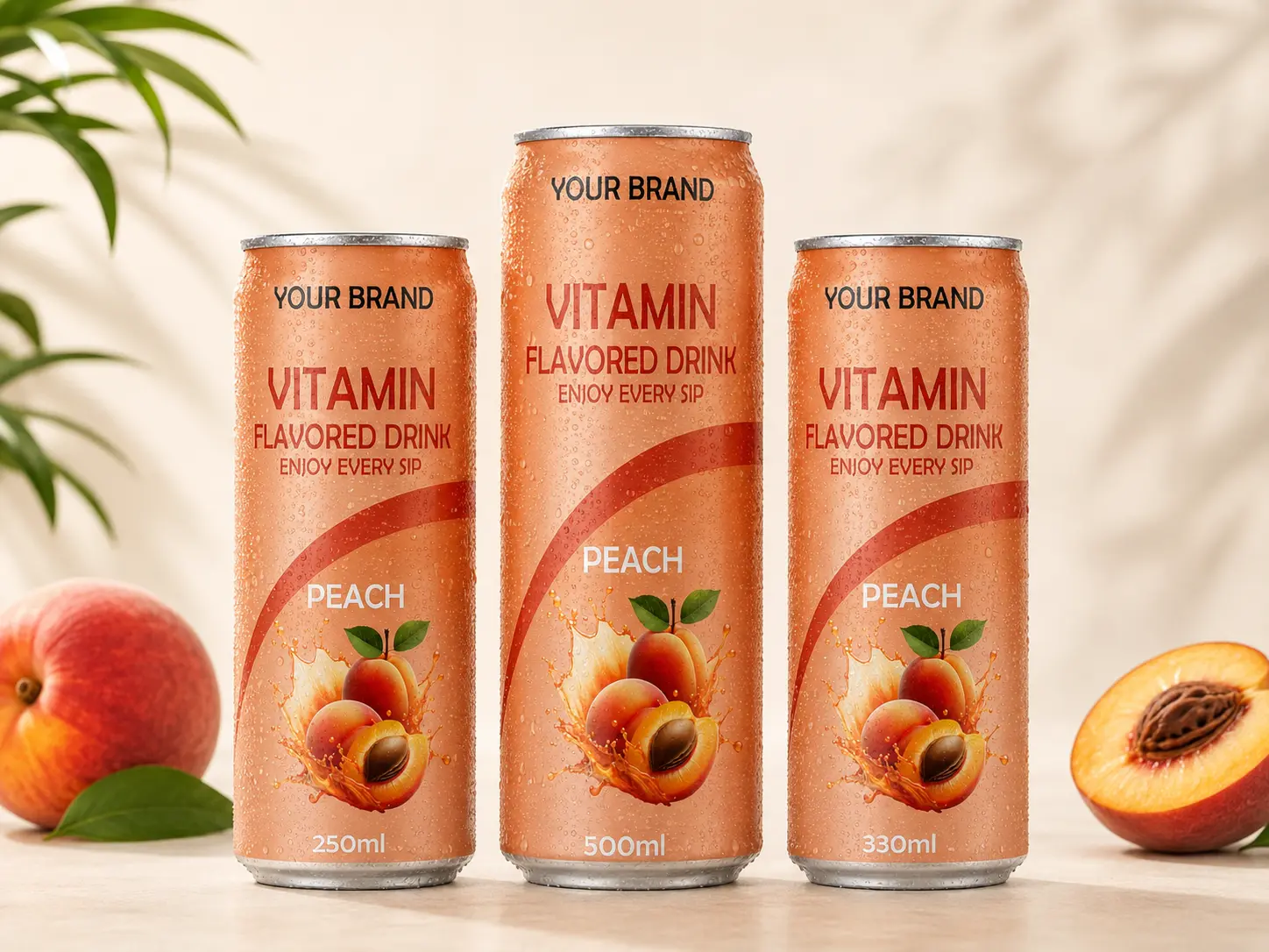 VITAMIN FLAVORED DRINK Peach flavour in 250ml, 500ml, and 330ml cans.